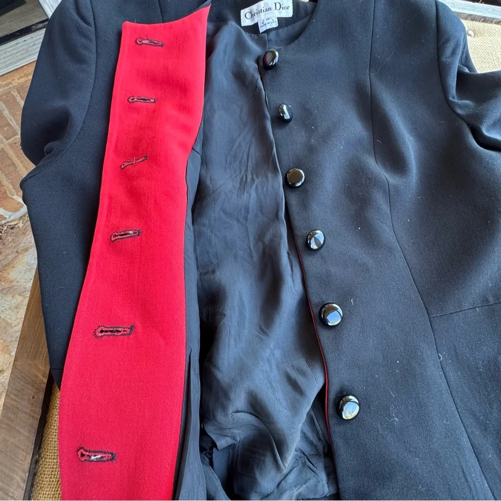 Vintage Christian Dior Black Red Cuff Blazer Size 12 USA Made Wool Blend Classic